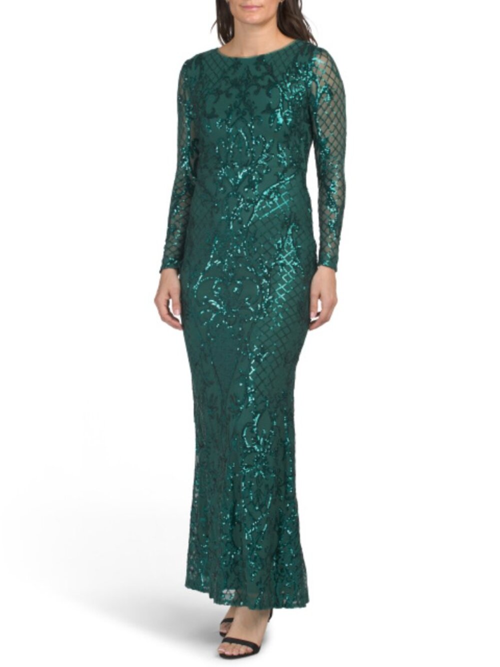 BETSY & ADAM Long Sleeve Sequin Embellished Gown